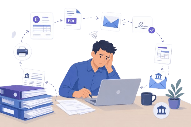 La boucle infinie de l'administratif : devis, PDF, email, signature, facture, RIB, banque, relance.